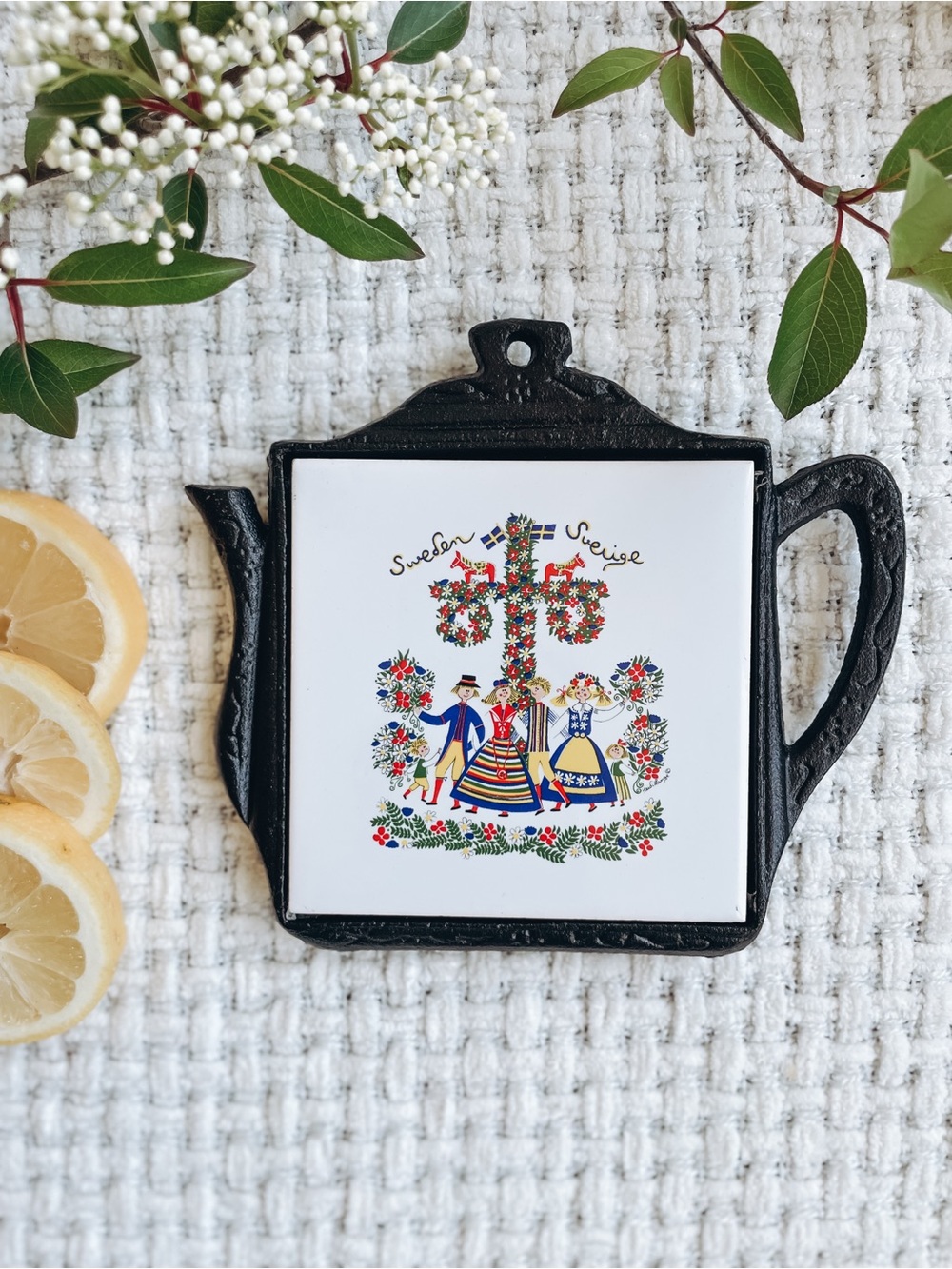 Swedish Midsummer Folk Art Design Cast Iron Trivet